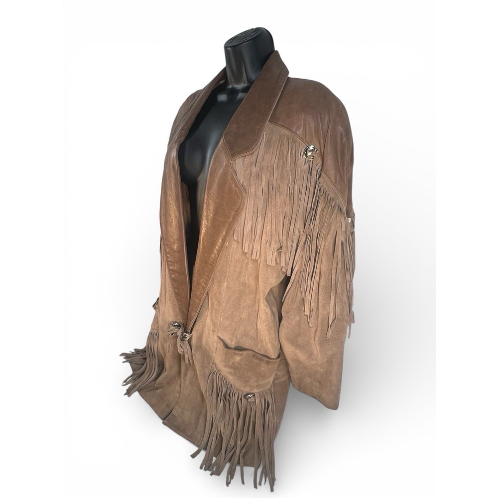 vtg Outerwear By Phoenix tan suede ostrich leather trim rodeo fringe jacket sz L - Picture 4 of 10